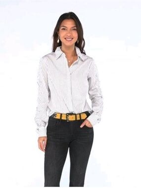 CAbi Linear Striped Button Down Shirt Cinched Sleeve Style Number 4530